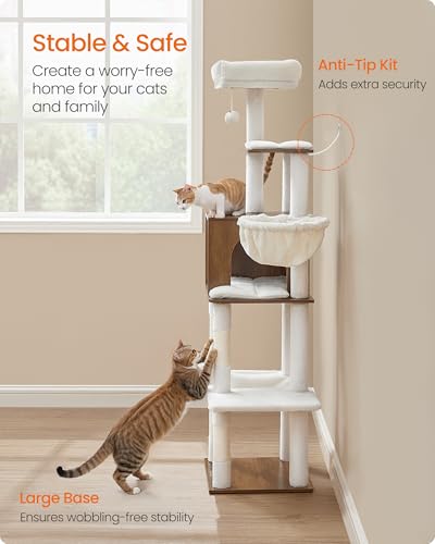 Feandrea Cat Tree, 65-Inch Tall Cat Tower, Multi-Level Condo with Cave, Basket, Hammock, Pompom, Scratching Posts, Honey Brown UPCT118K03 - color: Honey Brown