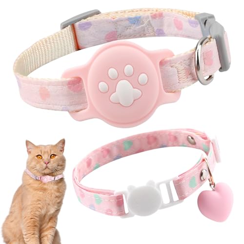 2 Pcs Cat Collar Compatible with Airtag, Pink Breakaway Luminous & Heart Quick Release Safe Buckle Cat Accessories, Adjustable Lightweight Kitten Hidden GPS Tracker Holder for Cats Kittens (9.4-15.7") - color: PINK