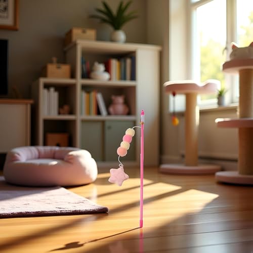 Cat Teaser Wand Toy with Plush Ball, Pink Elastic Rope, Star Pendant, Handmade Interactive Kitten Mice and Animals Toy