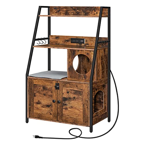 HOOBRO Litter Box Enclosure with 2 Storage Shelves, Tall Litter Box Furniture Hidden with Charging Station, Indoor Hidden Litter Box Furniture with Plush Mat, Rustic Brown and Black BF70UMW01 - color: Rustic Brown + Black