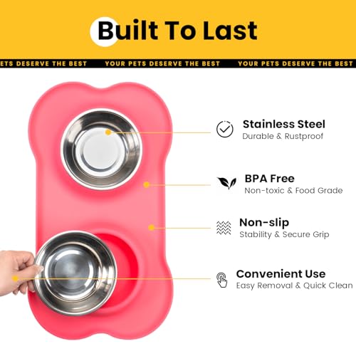 Conlun Dog Bowls with Non-Slip Silicone Mat, Spill Proof Large Food & Water Bowls Set, Easy Clean Dog Food Dish, Dishwasher Safe, Suitable for Dogs Cats Pet Under 90lbs, Large, Pink - color: Pink, size: Large-38oz