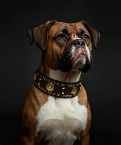 Leather Dog Collar, 2 inches Wide Heavy Duty Genuine Leather Collars, Handmade, Soft, and Luxury, Eye-catching Best Choice for Large and Medium Breed Dogs, Brown-Gold 15-19 in - color: Brown-Gold, size: 15-19 in