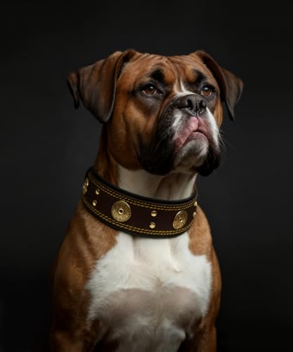 Leather Dog Collar, 2 inches Wide Heavy Duty Genuine Leather Collars, Handmade, Soft, and Luxury, Eye-catching Best Choice for Large and Medium Breed Dogs, Brown-Gold 18.5-22.5 in - color: Brown-Gold, size: 18.5-22.5 in