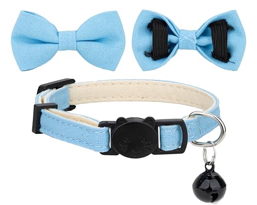 Cat Collar with Bow Tie Bell Breakaway Bowtie 2pcs Set Spring Plaid Flower Floral Solid Boy Girl Cute Kitten Safety B [Plaid & Solid] Blue - color: B [Plaid & Solid] Blue