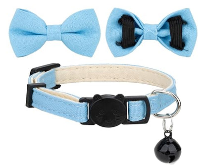 Cat Collar with Bow Tie Bell Breakaway Bowtie 2pcs Set Spring Plaid Flower Floral Solid Boy Girl Cute Kitten Safety B [Plaid & Solid] Blue - color: B [Plaid & Solid] Blue