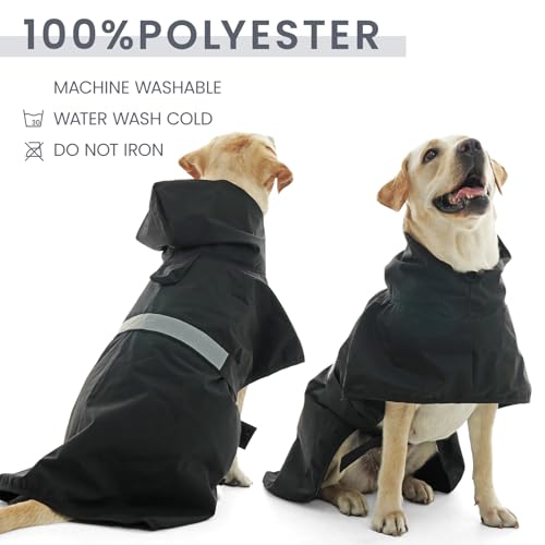 Nanaki Rain Jackets for Large Dogs with Leash Hole, Reflective Adjustable Pet Raincoat for Rainny Snow Foggy Days, Waterproof Windproof Dog Coat Jacket Vest Outdoor Hiking Walking Hunting Black 2XL - size: 2XL(Back Length: 23.6")