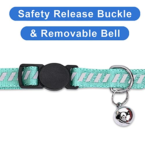 Pawtitas Personalized Teal Reflective Cat Collar – Adjustable Custom Collar with Safety Buckle, Removable Bell, and Engraved Name & Phone Number for Kittens and Adult Cats - color: Personalized Teal