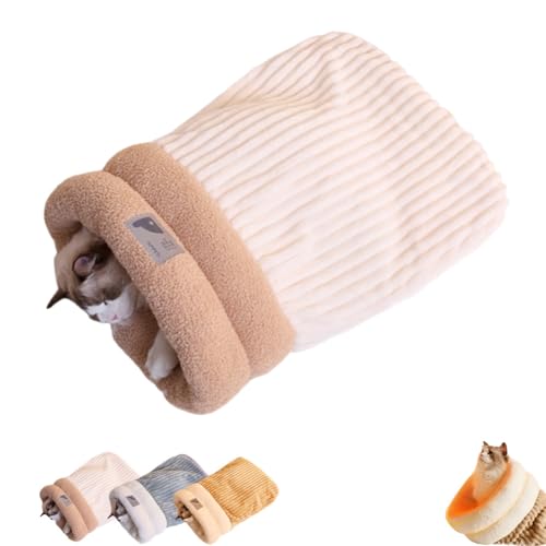 Cat Sleeping Bag Bed, Winter Soft Plush Sack Self Warming Cave Bed for Indoor Cats, Hideaways Pet Snuggle Sack for Kitten Puppy (Beige, L-21"x18") - color: Beige, size: Large-21"x17.7"