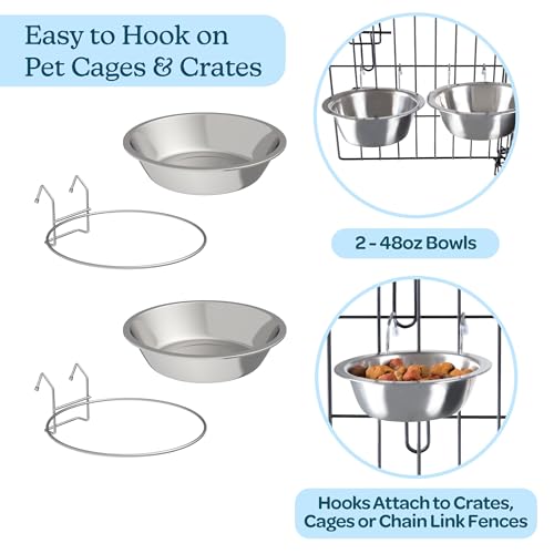 Set of 2 Stainless-Steel Dog Bowls - Cage, Kennel, and Crate Hanging Pet Bowls for Food and Water - 48oz Each and Dishwasher Safe by PETMAKER - size: 48 oz
