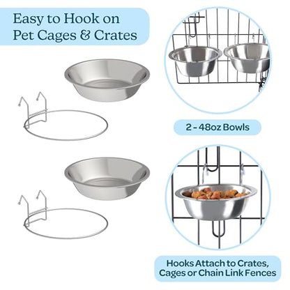 Set of 2 Stainless-Steel Dog Bowls - Cage, Kennel, and Crate Hanging Pet Bowls for Food and Water - 48oz Each and Dishwasher Safe by PETMAKER - size: 48 oz