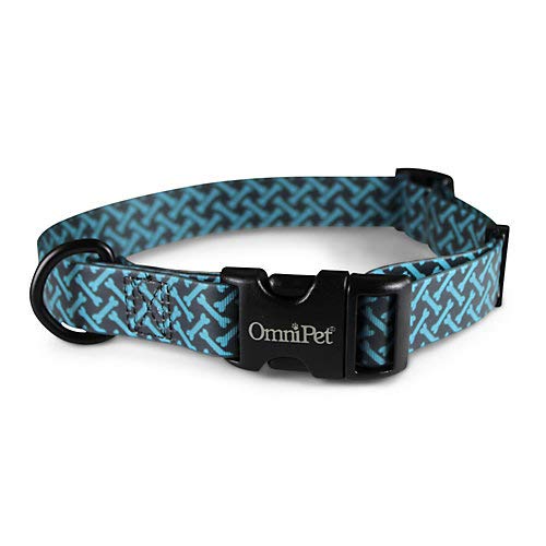 Omnipet Waterproof Dog Collar Quick Release Buckle - Strong Coated Nylon Webbing Odor-Proof for Easy Care, Easy to Clean Fits Small Medium - Large Dogs - Blue Bones 3/4" Neck Circumference 14-20