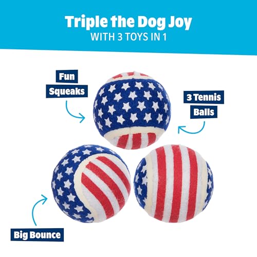 Barkbox Fetch of July Rubber Tennis Balls for Dogs & Puppies | Patriotic Trio of Squeaky Fetch Balls for Bounce, Chase & Play | Durable, Festive & Fun for Playful Pups - color: Fetch of July