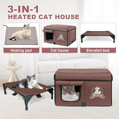 Heated Cat Houses for Outside Cats,Elevated Base Cat-Attracting Eave Design,Feral Stray Shelter Waterproof in Winter Garage Yard Porch,Cat Heated House for Indoor Outdoor(21" x 13" x 17")