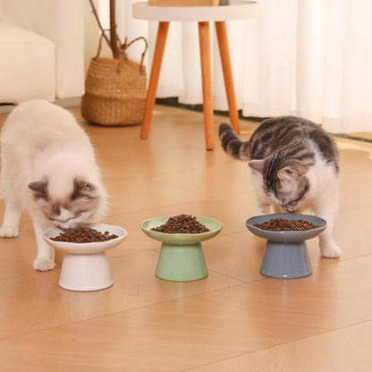 Wide Shallow 6.1" Raised Cat Bowls, Ceramic Elevated Food Bowl for Flat Faced Cats and Small Dogs, Porcelain Feeder Bowl, Stress Free, Protect Cat’s Spine, Green - color: Green-Shallow