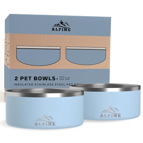 Alpine Set of 2 Stainless Steel Dog Bowls, Non Slip, Metal Pet Bowl for Food and Water, Double Walled Insulated, Rustproof, Dishwasher Safe- 32 Ounces- Sky Blue (AB) - color: Sky Blue, size: 32 oz