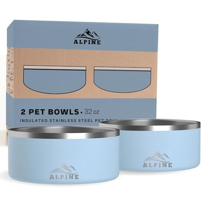 Alpine Set of 2 Stainless Steel Dog Bowls, Non Slip, Metal Pet Bowl for Food and Water, Double Walled Insulated, Rustproof, Dishwasher Safe- 32 Ounces- Sky Blue (AB) - color: Sky Blue, size: 32 oz