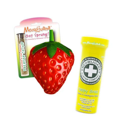 Meowijuana Strawberry Bundle | Get Sprung Refillable Strawberry Toy and Happy Grass Catnip Blend | Promotes Play and Cat Health | Includes North American Organic Catnip