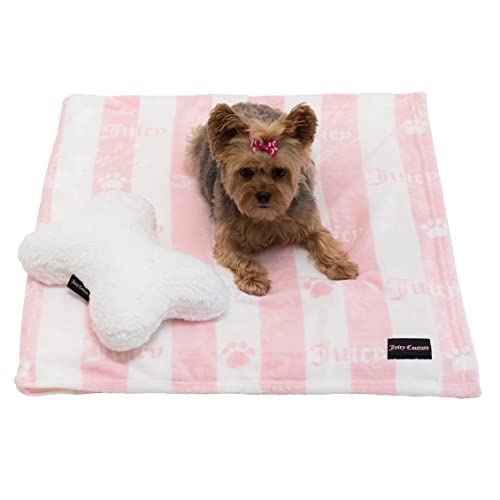 Juicy Couture Turquoise Pink/White Striped Dog & Cat Blanket with Sherpa Bone Shaped Pillow - Plush, Breathable, Lightweight, Machine Washable - color: Pink/White Juicy Stripes Hearts and Paws