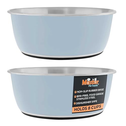 Master Pet Supply Stainless Steel Dog Bowls Set of 2 (64 Oz Each) with Non-Slip Rubber Base - Glacier Blue - Basic Dog Food Bowl Water & Food Bowls for Small Medium Large Dogs & Cats, Metal Dish - color: Glacier Blue, size: 8 Cups (64 oz) 2 Pack