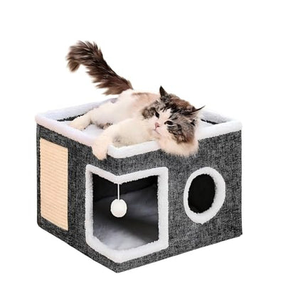 LUMIXA Large Cat Bed House & Hideaway - Warm Fluffy Indoor Cat Cave with Removable Washable Cushion, Non-Slip Bottom, Scratch Pad & Toy Ball for Big Cats/Kittens, Foldable Cat Condo (Blue) - color: blue