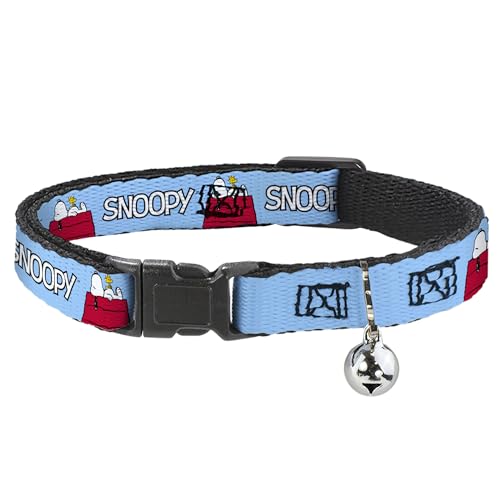 Peanuts Breakaway Cat Collar with Bell, Plastic Clip, Easy Adjustable, Peanuts Snoopy and Woodstock Dog House Pose and Text Sky Blue, 8.5 to 12 Inches 0.5 Inch Wide