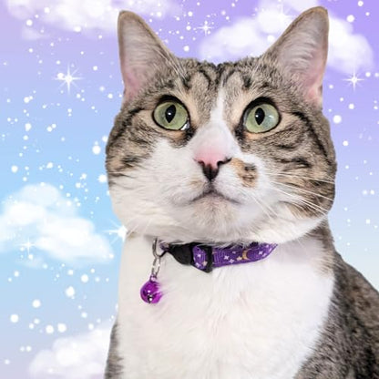 Set of 2: KioKatt Celestial Nylon Cat Collars with Matching Bells – Adjustable Breakaway Safety Collars for Adult Cats, 7–11" (Purple + Pink) - color: Purple + Pink