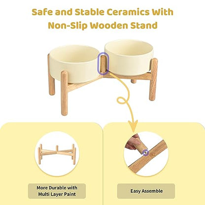 SPUNKYJUNKY Ceramics Elevated Dog Bowls with Wooden Stand - Raised Double 60OZ Cream White Bowls for Medium Large Dogs - color: Cream White (Double Bowls Set), size: Large - 7.6 CUPS