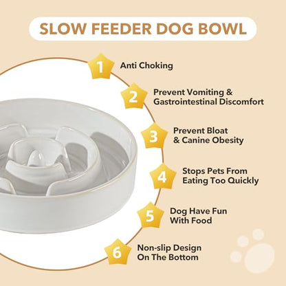 Havniva 1.2 Cup Elevated Slow Feeder Dog Bowls, 7.3” Dog Slow Feeding Bowls + 6.1” Ceramic Dog Water Bowls Set with Acacia Wood Stand, Dog Food Bowls Puzzle Feeder for Small Dogs Non-Slip Anti-choking - color: 2 x White + Stand - A, size: M- 7.3inch / 1.2