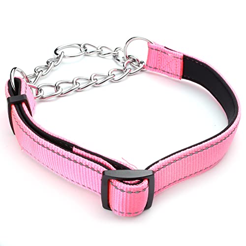 Martingale Dog Collars Adjustable Soft Nylon Reflective Collars with Stainless Steel Chain Walking Training Collars Heavy-Duty Puppy Chain Collars for Small,Medium,Large Dogs(Pink,L) - color: Pink, size: L-(dog's neck19-23inches)