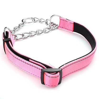 Martingale Dog Collars Adjustable Soft Nylon Reflective Collars with Stainless Steel Chain Walking Training Collars Heavy-Duty Puppy Chain Collars for Small,Medium,Large Dogs(Pink,L) - color: Pink, size: L-(dog's neck19-23inches)