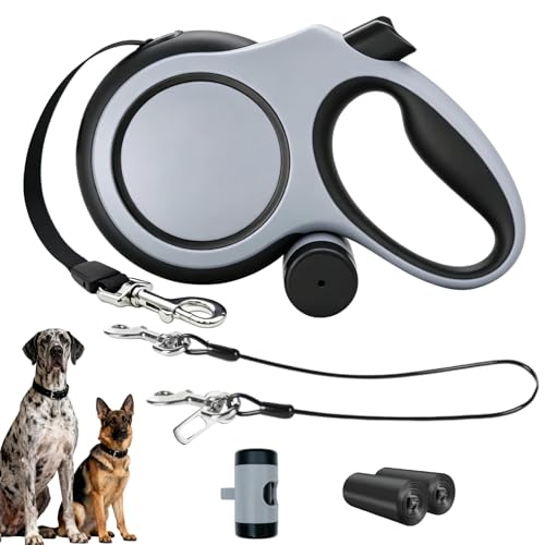 26ft Retractable Dog Leash for Large Dogs with Poop Bag Holder,Heavy Duty Retractable Dog Leash with Chew Proof Extender,One-Hand Lock System,Impact-Resistant,Up to 110 lbs (Grey) - color: Grey