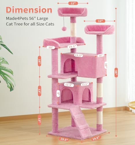Made4Pets Cat Tree Tower 56" Cat Tower for Indoor Cats Kitten Tree Multi-Level Cat Tree with 2 Condo Furniture Activity Center with Scratching Posts Funny Toys (Pink) - color: Pink