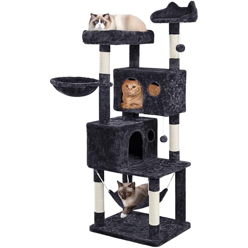 Yaheetech Multil-Level Cat Tree Cat House for Large Cats, 64.5in Cat Tower for Indoor Cats as Modern Activity Center with Scratching Posts & Platform & Perch & Hammock - color: Black, size: 64.5in
