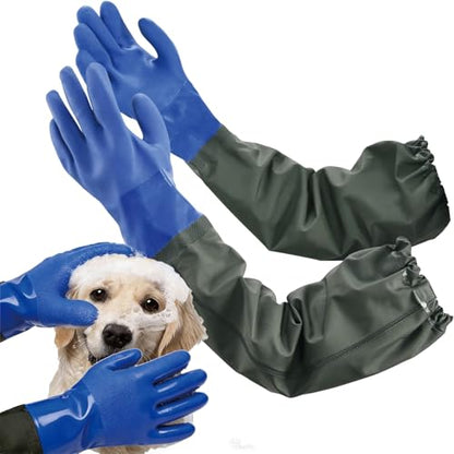 YOFANG 27.2" Pet Grooming Bathing Gloves,Extra Long Waterproof Rubber Washing Gloves for Dogs & Cats,Anti-Bite Anti-Scratch Hair Removal Cat Bath Gloves with 3000+ Massage Particles,Blue/Green ﻿ - color: Blue and Green