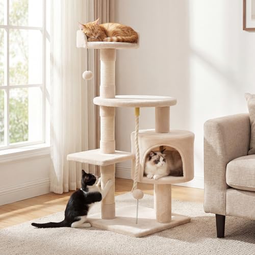 PETSITE 36-inch Multi-Level Cat Tree, with Sisal Scratching Posts, Comfy Top Perch, Cozy Condo, Playful Sisal Rope and Spring Ball, and Dangling Ball, Ideal for Indoor Cats and Kittens (Beige) - color: Beige