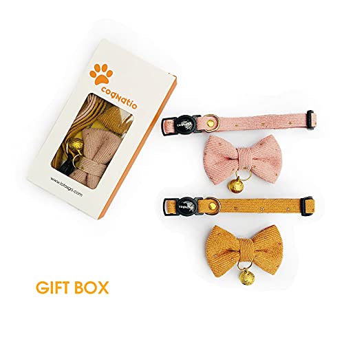 Safety Quick Release Cat Collars, Soft Kitten Collars with Detachable Bow Tie and Bell, Pack of 2, Adjustable 20-30 cm - color: Ochre+Pink