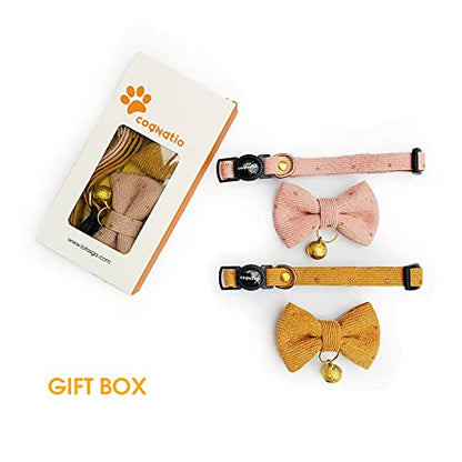 Safety Quick Release Cat Collars, Soft Kitten Collars with Detachable Bow Tie and Bell, Pack of 2, Adjustable 20-30 cm - color: Ochre+Pink