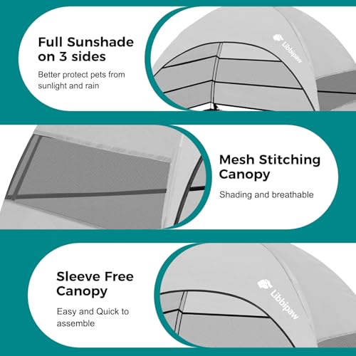 Windproof Elevated Dog Bed with Canopy & Stakes, 3-Sided 90% UV Block, Chew-Proof Teslin Mesh Mat for Large Dogs up to 150lbs(Grey Large) - color: Grey, size: Large