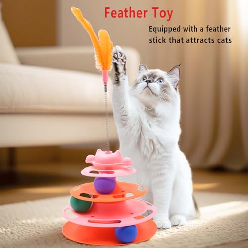 Cat Ball Track Toys, Creative Feather Toy, consisting of 3 Balls and a Feather Stick, Tower-Shaped cat Intelligence Toy, Suitable for Chasing Games with Kittens. (Pink) - color: Pink