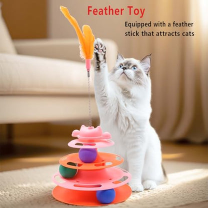 Cat Ball Track Toys, Creative Feather Toy, consisting of 3 Balls and a Feather Stick, Tower-Shaped cat Intelligence Toy, Suitable for Chasing Games with Kittens. (Blue) - color: Blue