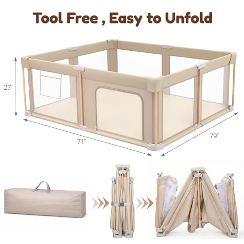 Foldable Baby Playpen with Mat, Foldable Baby Fence Play Yards for Babies and Toddlers, Play Pen with Breathable Mesh and Anti-Fall Pads (71"×79") - size: 71"×79"