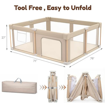 Foldable Baby Playpen with Mat, Foldable Baby Fence Play Yards for Babies and Toddlers, Play Pen with Breathable Mesh and Anti-Fall Pads (71"×79") - size: 71"×79"