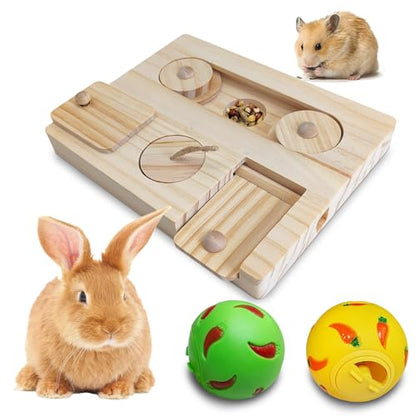 PINVNBY Guinea Pig Foraging Toy Sniff n' Snack Bunny Chew Toys Small Animal Wooden Enrichment Toys with 2 Balls Interactive Treat Dispenser for Rabbit Hamster Chinchillas Rats and Gerbils