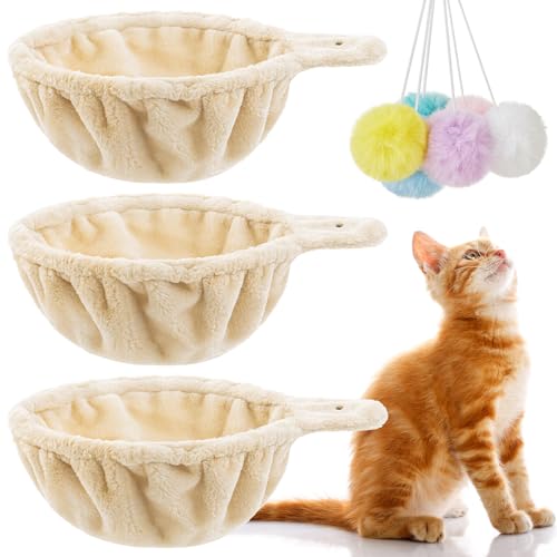 Dansydaisy 3 Pack 14.6" Large Cat Tree Hammock Basket Bed Lounger Tower Replacement Parts with 6 Pcs Hanging Elastic Strings Pom Pom Toys, Cat Tree Accessories Hammock Attachment (Beige) - color: Beige, size: 14.6"
