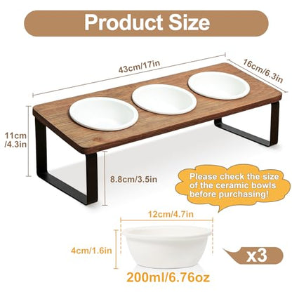 Raised Cat Food Water Bowl Elevated Tilted Kitty Dishes Set of 3 Ceramic Dish for Indoor Cats Orthopedic Pet Food Stand Reduces Vomiting 3 Bowl Cat Feeder Easy Assembly(Brown) - color: Brown