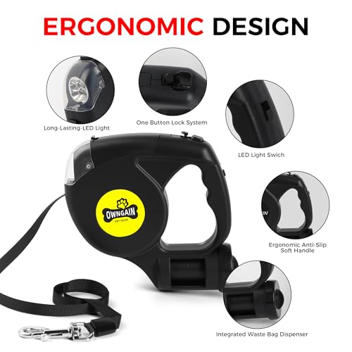 Retractable Dog Leash with Flashlight for Night Walks - 16FT Retractable Leash with Comfort Grip and Integrated Waste Bag Dispenser for Cats,Medium,Large,Small Dogs(Black-Large) - color: Black-Large