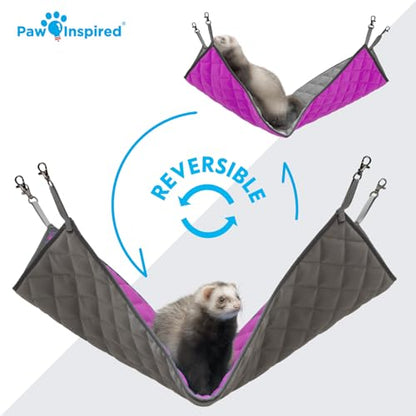 Paw Inspired Hanging Fleece Hammock for Ferrets, Rats, Chinchillas, Sugar Gliders, Small Pets | Hideout Toy for Guinea Pigs, Hamsters | Swivel Clips for Small Animal Cages (Gray/Pink) - color: Gray/Pink