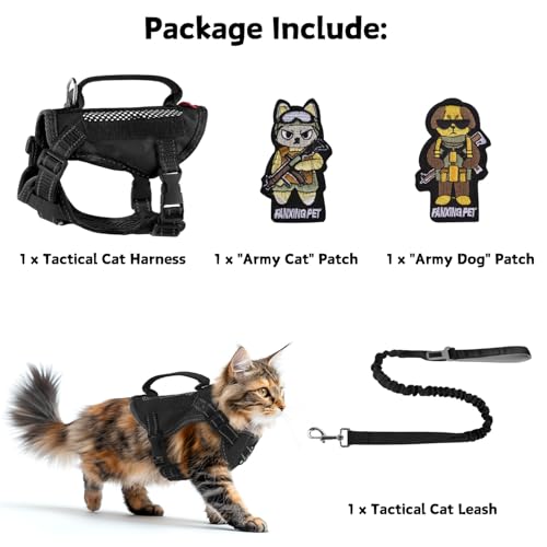 Cat Harness and Leash Set for Walking Escape Proof Adjustable Reflective Large Cat Tactical Harness with Patches Breathable Summer Vest Soft Mesh Padding Handle Easy to Control (Black, M) - size: M