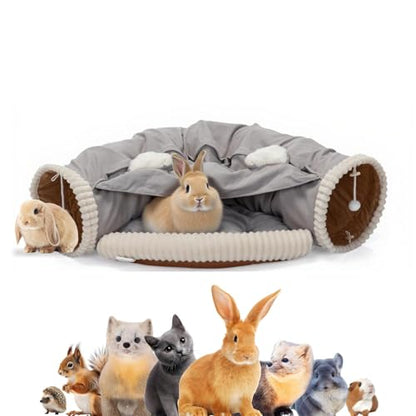 VelvetPaw Gray 2-in-1 Collapsible Rabbit Tunnel Bed | Removable Washable Pet Cushion | Cozy Hideout & Play Toy for Rabbits, Bunnies & Kittens - Indoor Rest, Exercise & Entertainment - color: Gray