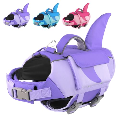 Dog Life Jacket Shark– High Flotation Dog Life Vest with Reflective Stripes, Pet Swimming Vest with Rescue Handle for Small Medium and Large Dogs, Suitable for Swimming & Boating – Purple XS - color: Purple, size: X-small